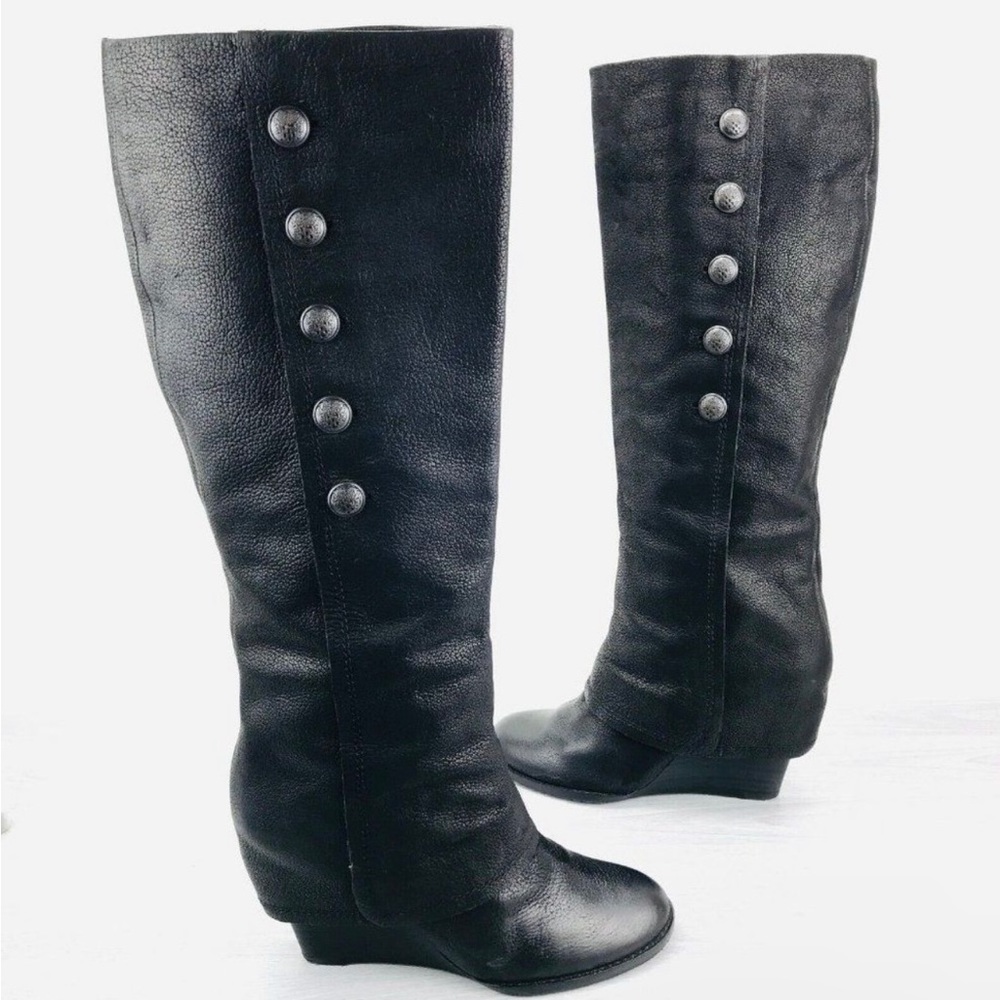 Vince Camuto Almay Womens Size 8 B Wedge Knee High Leather Boots Cuff Buttons